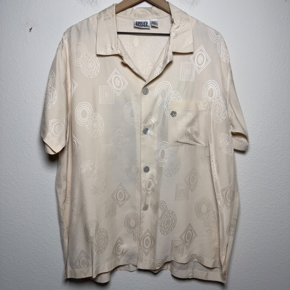Chicos Women 100% Silk Button Up Shirt XLCream Geometric Jacquard 3 Art to Wear